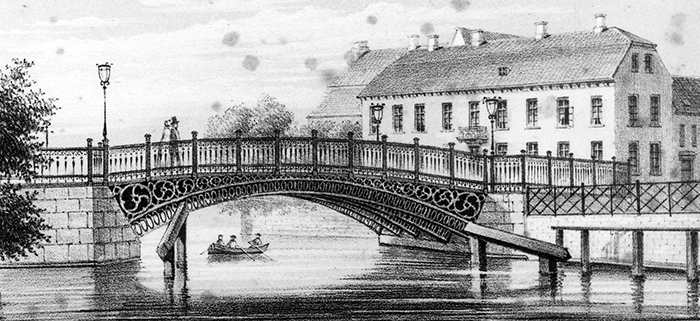 Sukkergården i 1852 med Frederiks Bro i forgrunden.